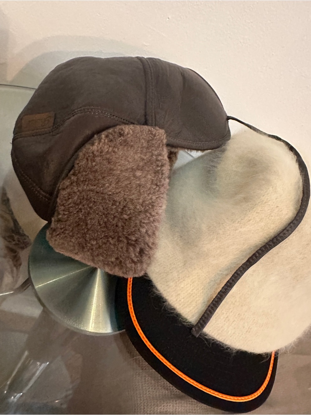 Brown Leather Trapper Hat, Cream Angora Bucket Hat, Schneider Trucker Hat bundle